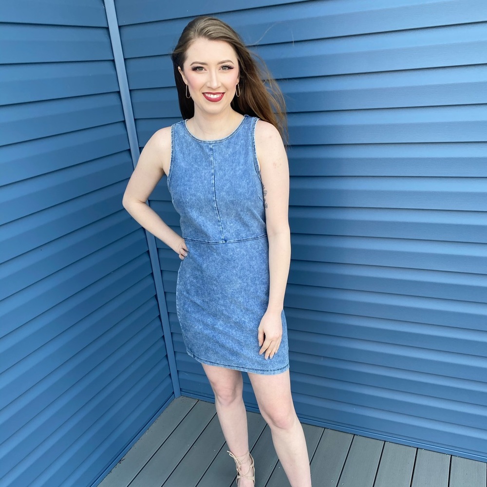Denim dress.